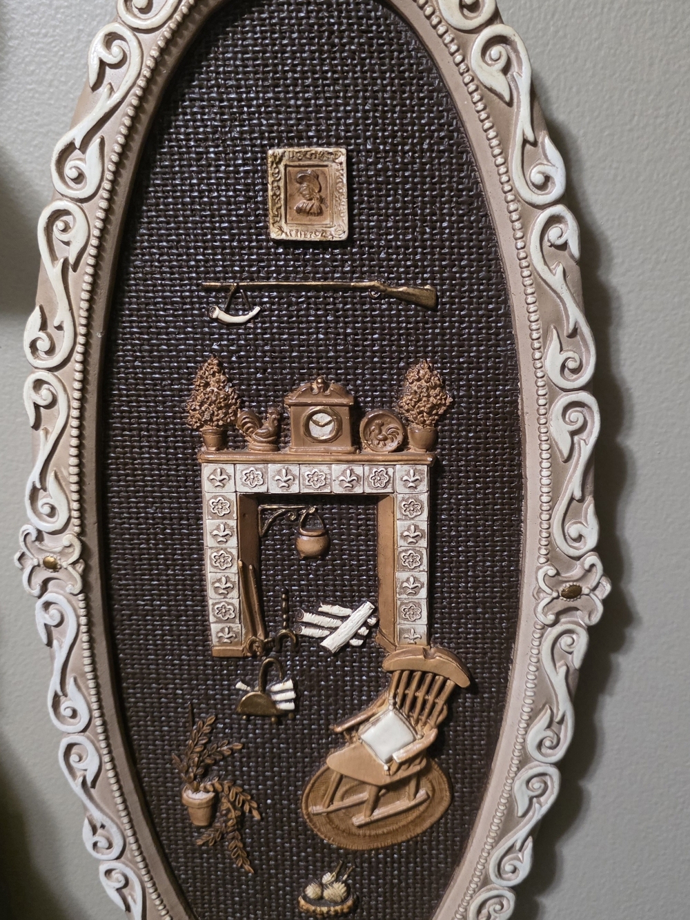Vintage Chalkware Fireplace Scene Wall Plaque | Girotti Sculptured Art Canada